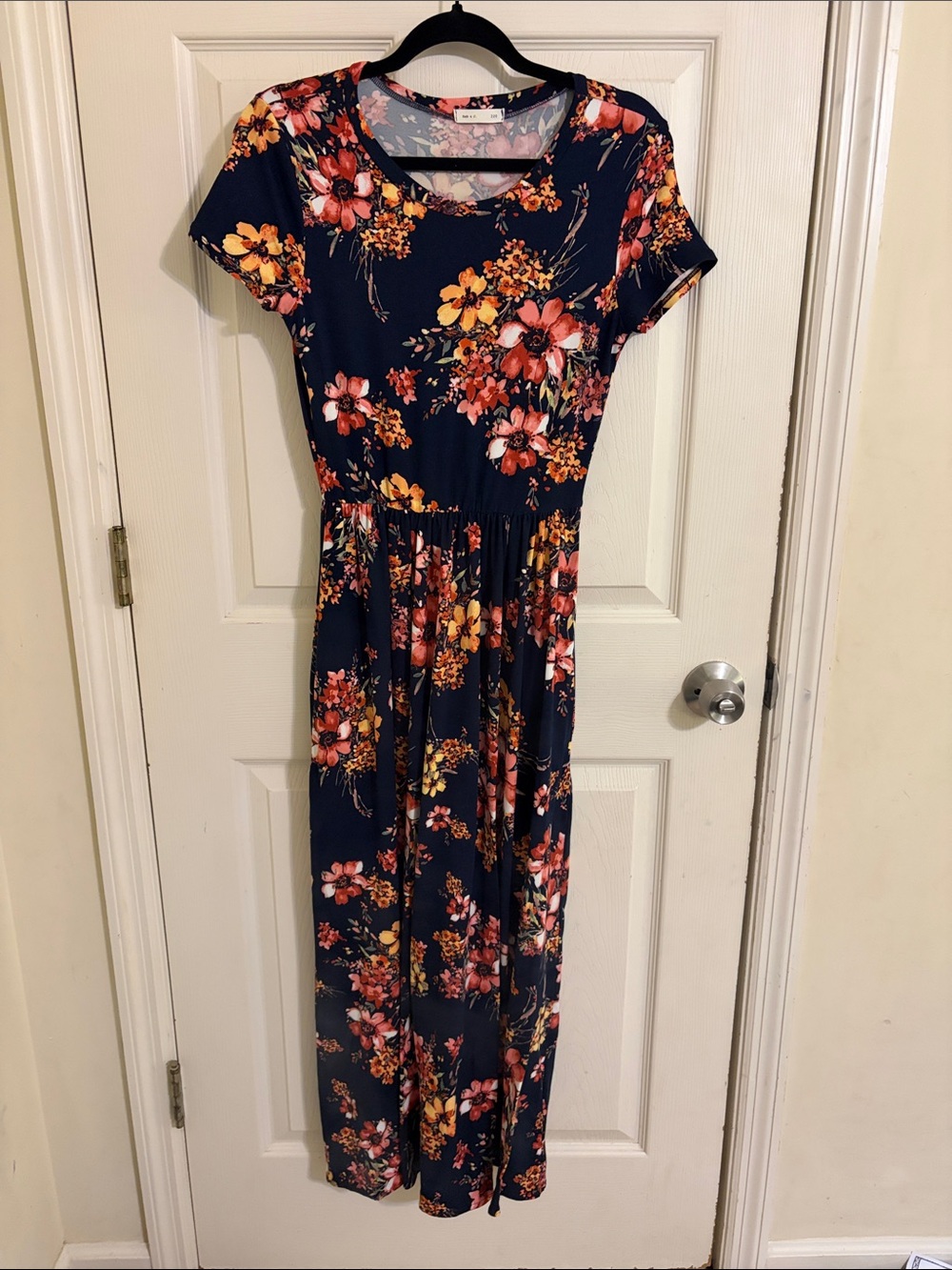 Navy Floral Short-Sleeve Maxi Dress